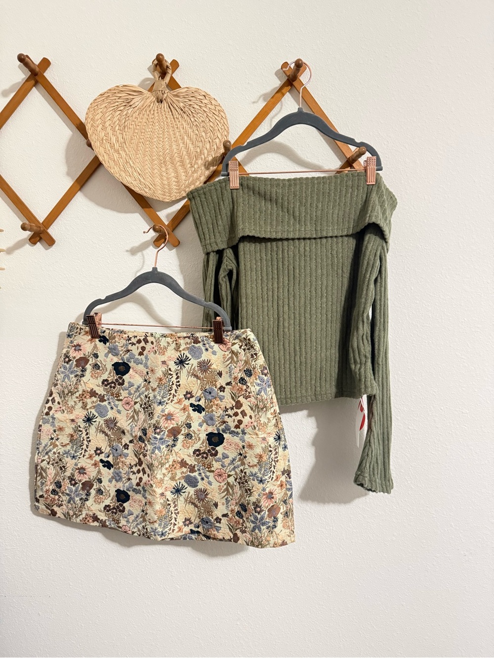 Cider Olive Off-Shoulder Ribbed Top with Cream Floral Mini Skirt